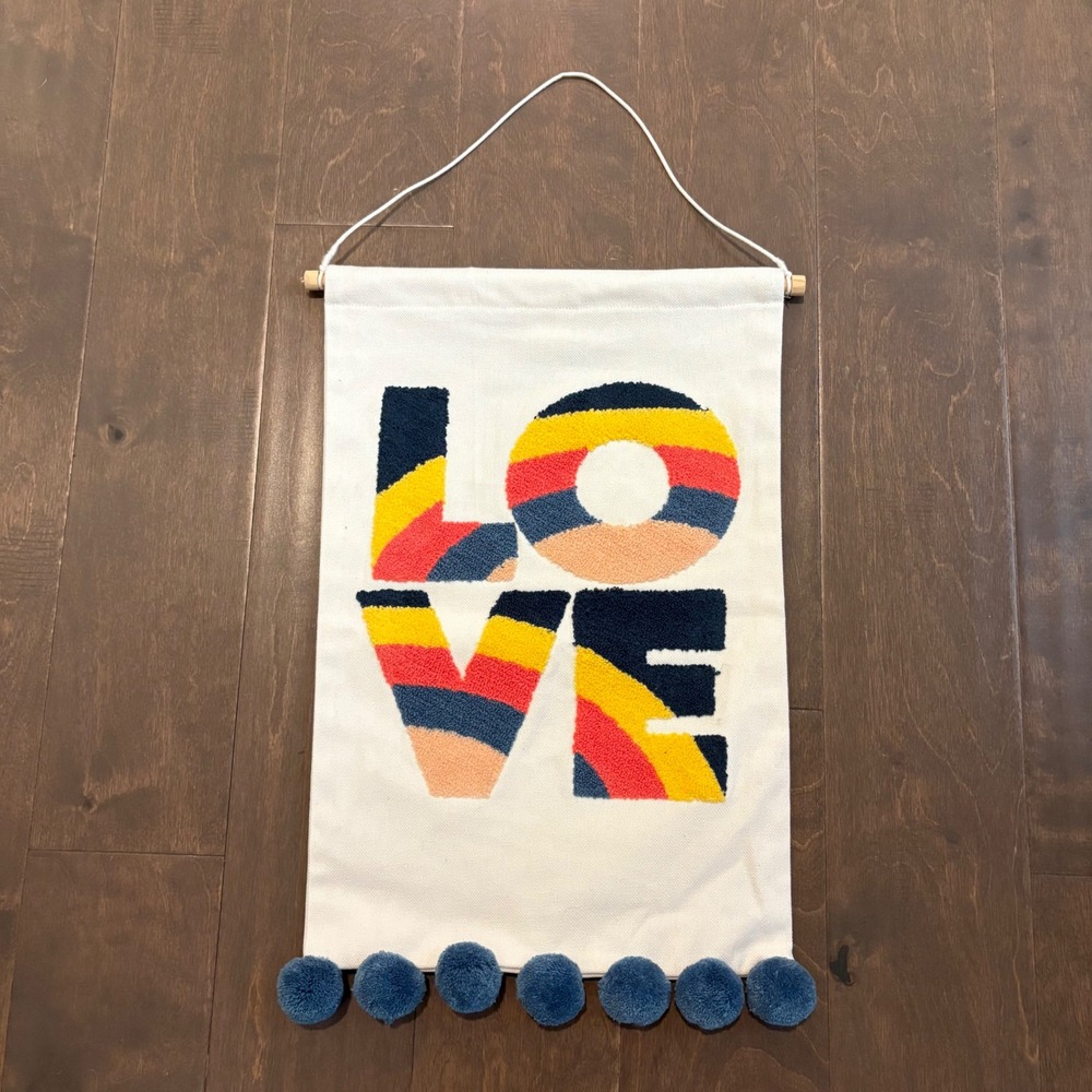 Pillowfort LOVE Wall Hanging Tapestry Pom Pom Boho‎ Room Decor 12x19"